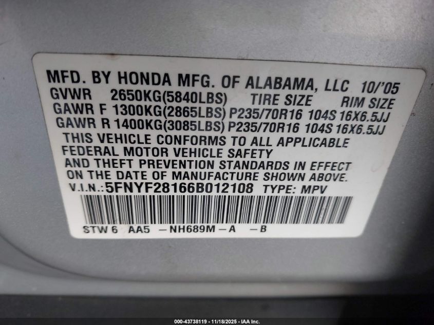 2006 Honda Pilot Lx VIN: 5FNYF28166B012108 Lot: 43738119