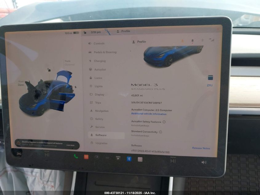 2019 Tesla Model 3 Long Range/Mid Range/Standard Range/Standard Range Plus VIN: 5YJ3E1EA7KF309197 Lot: 43738121