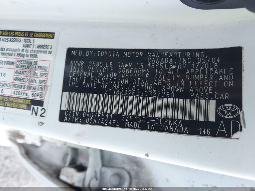 2005 Toyota Corolla Le VIN: 2T1BR32E25C327280 Lot: 43738125