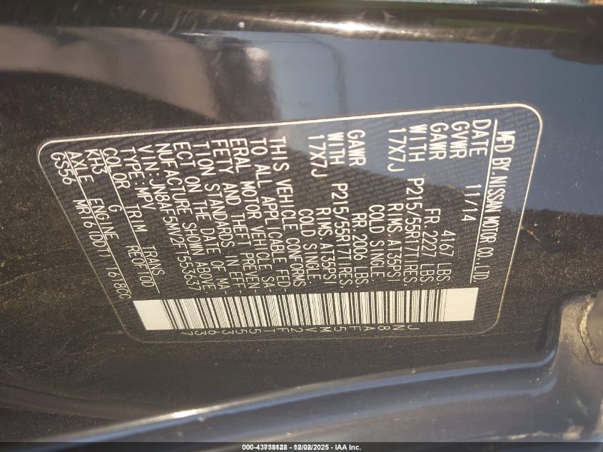 2015 Nissan Juke Sl VIN: JN8AF5MV2FT553637 Lot: 43738128