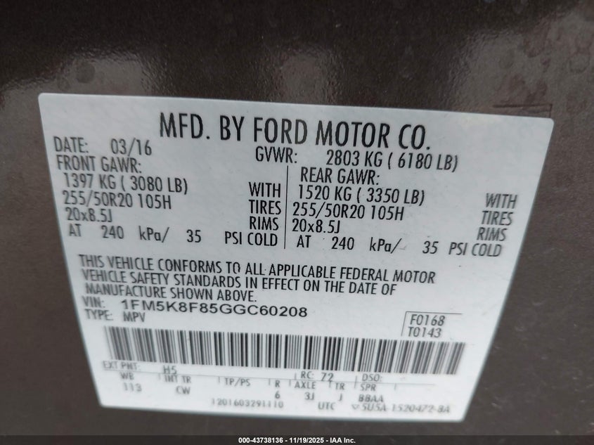 1FM5K8F85GGC60208 2016 FORD EXPLORER photo no. 9