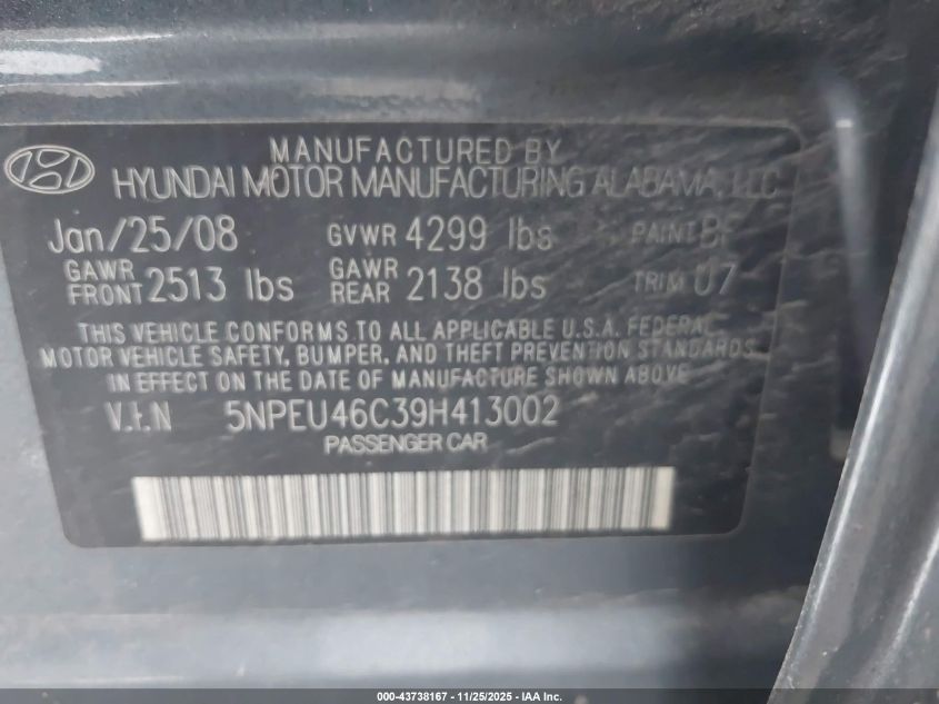 2009 Hyundai Sonata Limited VIN: 5NPEU46C39H413002 Lot: 43738167