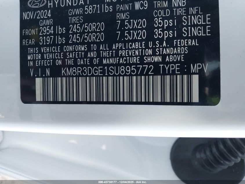 2025 Hyundai Palisade Xrt VIN: KM8R3DGE1SU895772 Lot: 43738177