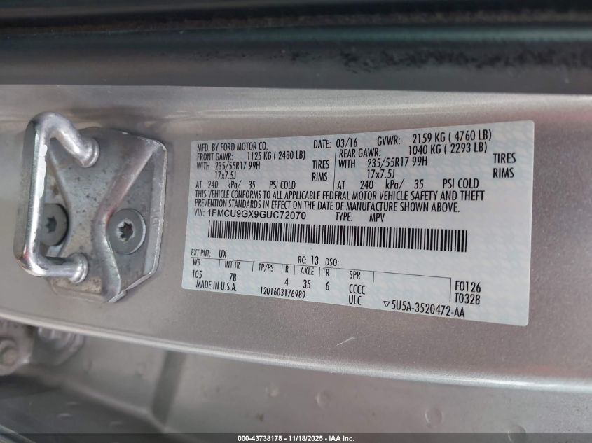 2016 Ford Escape Se VIN: 1FMCU9GX9GUC72070 Lot: 43738178