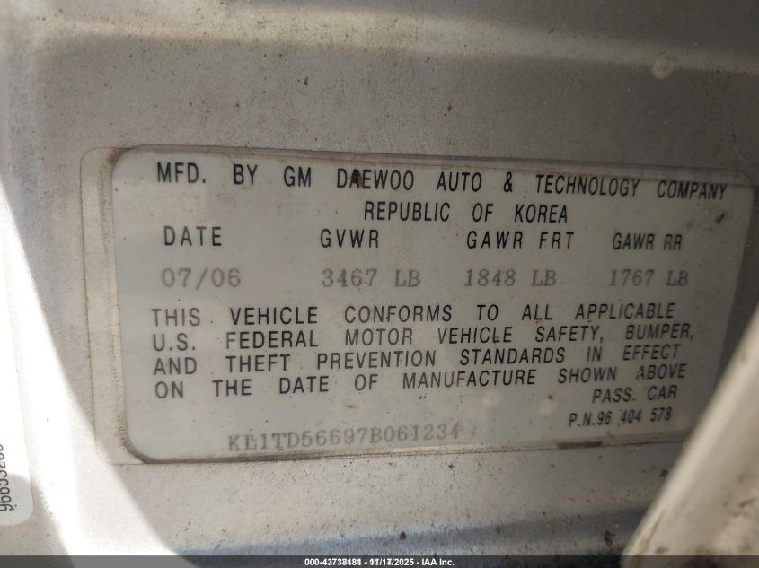 2007 Chevrolet Aveo Ls VIN: KL1TD56697B061234 Lot: 43738181