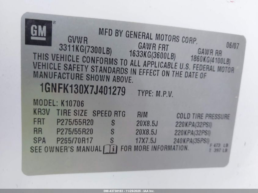 2007 Chevrolet Tahoe Ltz VIN: 1GNFK130X7J401279 Lot: 43738183