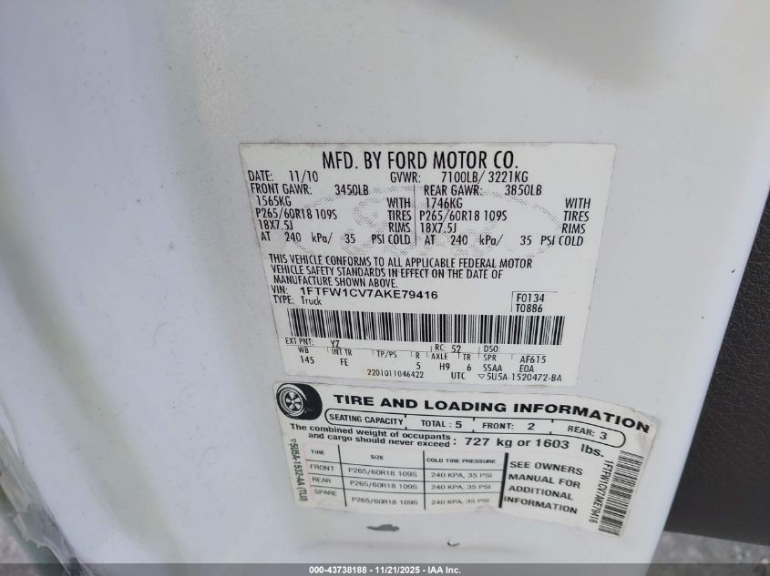 2010 Ford F-150 Fx2 Sport/Harley-Davidson/King Ranch/Lariat/Platinum/Xl/Xlt VIN: 1FTFW1CV7AKE79416 Lot: 43738188