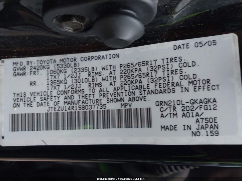 2005 Toyota 4Runner Sr5 V6 VIN: JTEZU14R158037735 Lot: 43738190