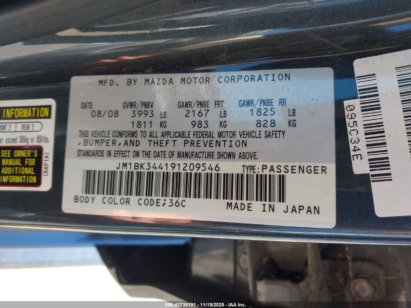 2009 Mazda Mazda3 S Touring VIN: JM1BK344191209546 Lot: 43738191