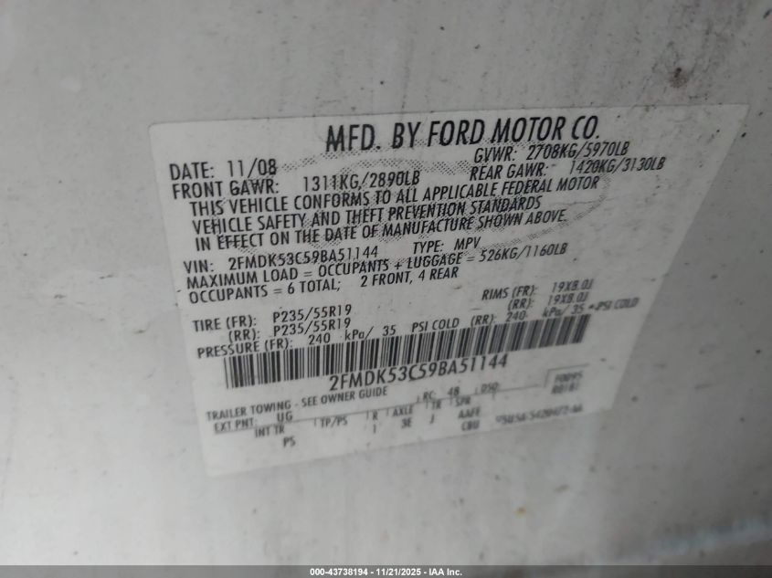 2009 Ford Flex Limited VIN: 2FMDK53C59BA51144 Lot: 43738194