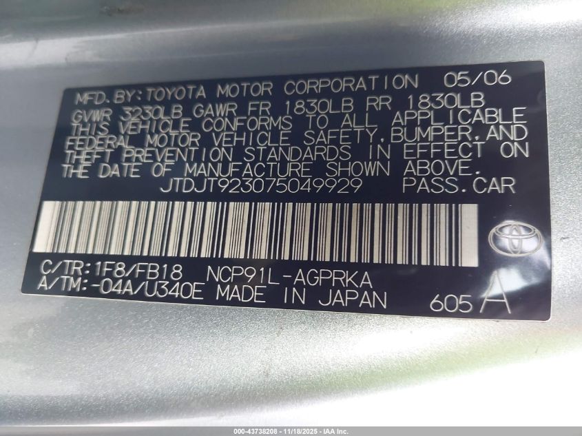 2007 Toyota Yaris VIN: JTDJT923075049929 Lot: 43738208