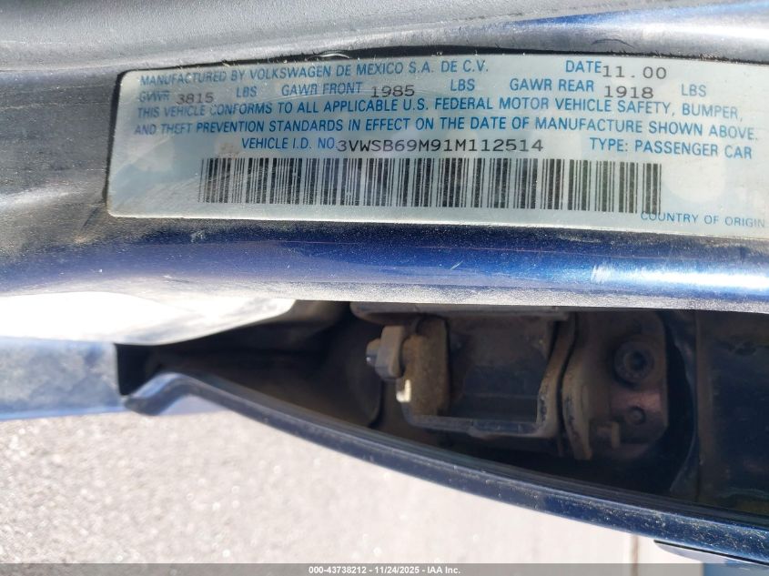 2001 Volkswagen Jetta Gls VIN: 3VWSB69M91M112514 Lot: 43738212