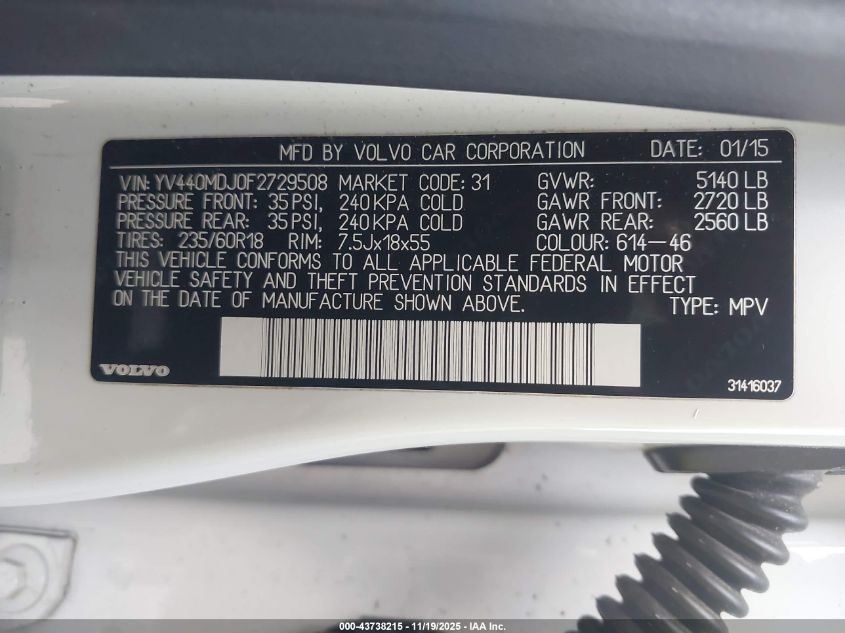 2015 Volvo Xc60 T5 VIN: YV440MDJ0F2729508 Lot: 43738215