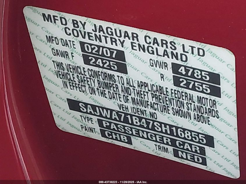 2007 Jaguar Xj Xj8 VIN: SAJWA71B47SH16855 Lot: 43738223
