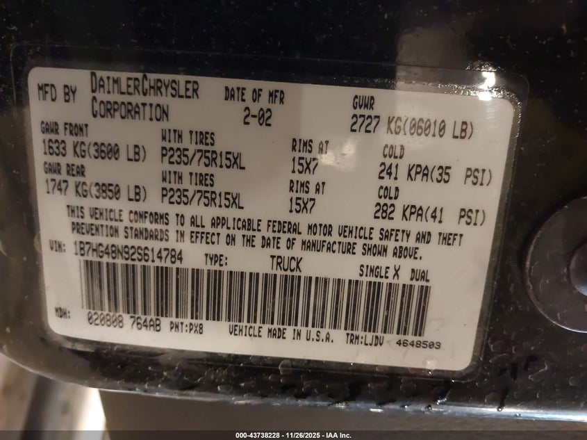 2002 Dodge Dakota Slt VIN: 1B7HG48N92S614784 Lot: 43738228