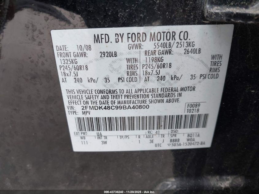 2009 Ford Edge Sel VIN: 2FMDK48C99BA40800 Lot: 43738240