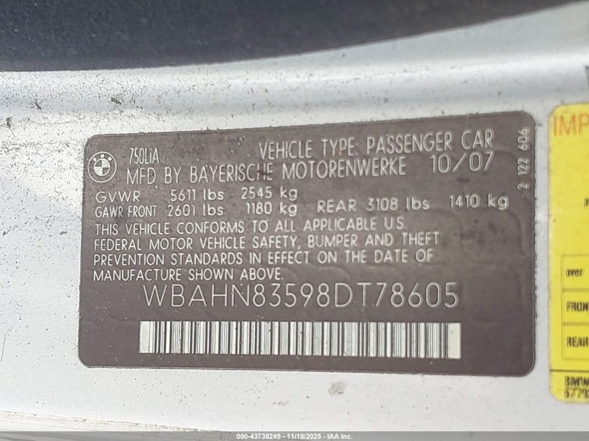 2008 BMW 750Li VIN: WBAHN83598DT78605 Lot: 43738245