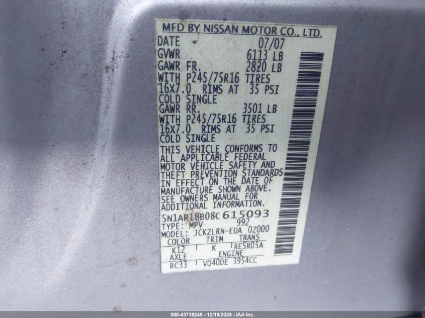 2008 Nissan Pathfinder S VIN: 5N1AR18B08C615093 Lot: 43738249