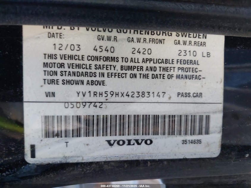 2004 Volvo S60 2.5T Awd VIN: YV1RH59HX42383147 Lot: 43738269