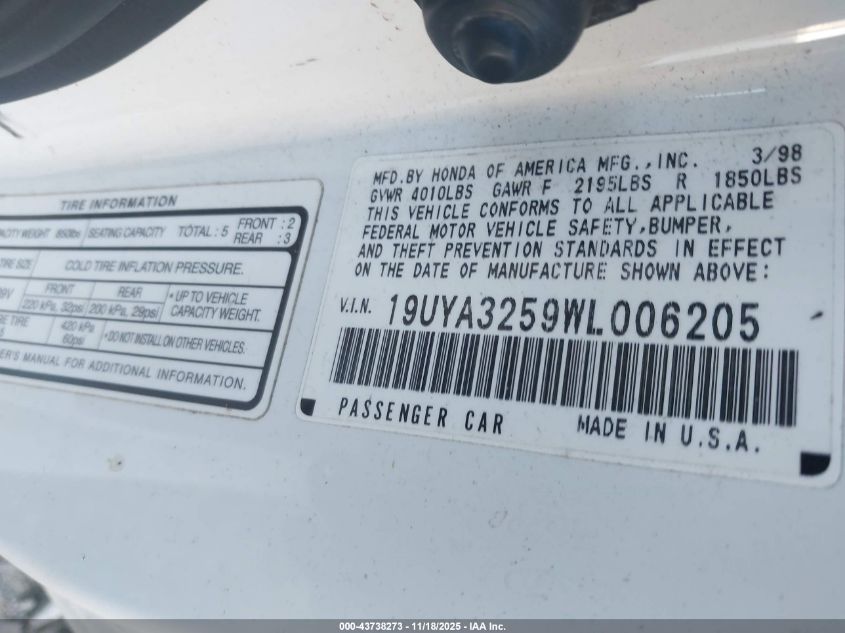 1998 Acura Cl 2.3 VIN: 19UYA3259WL006205 Lot: 43738273