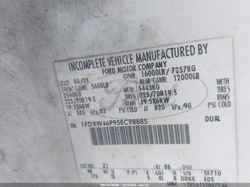 2005 Ford F-450 Lariat/Xl/Xlt VIN: 1FDXW46P95EC98885 Lot: 43738288