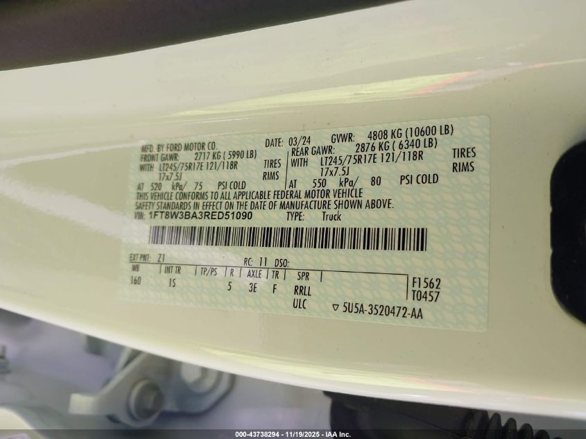 2024 Ford F-350 Xl VIN: 1FT8W3BA3RED51090 Lot: 43738294