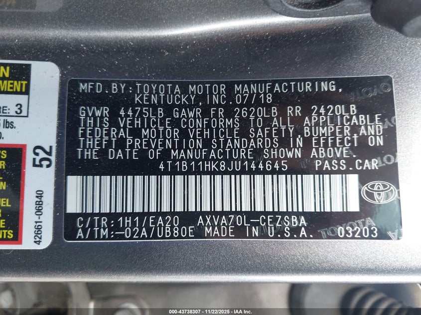 4T1B11HK8JU144645 2018 TOYOTA CAMRY photo no. 9