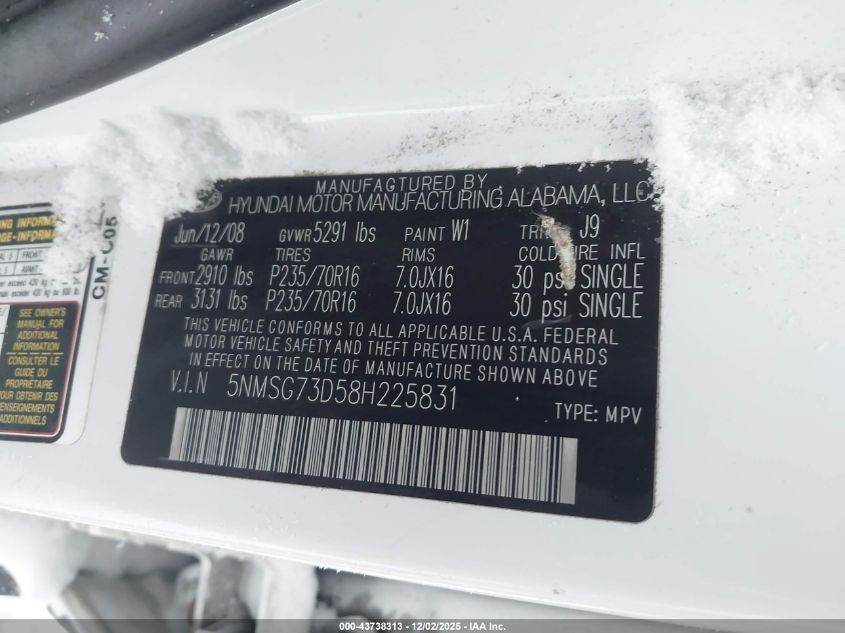 2008 Hyundai Santa Fe Gls VIN: 5NMSG73D58H225831 Lot: 43738313