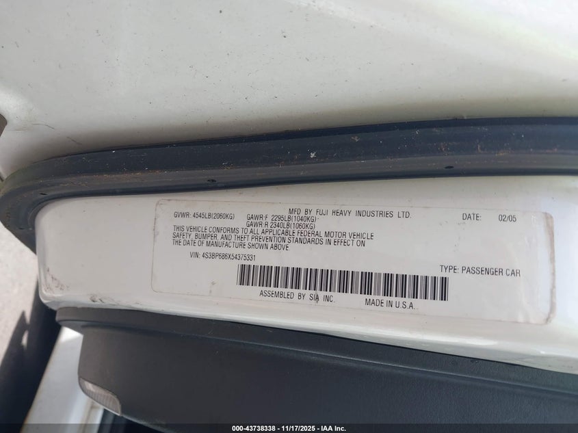 2005 Subaru Legacy 2.5Gt VIN: 4S3BP686X54375331 Lot: 43738338