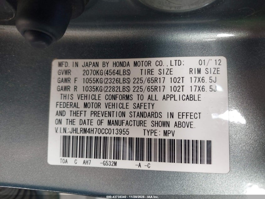 JHLRM4H70CC013955 2012 HONDA CR-V photo no. 9