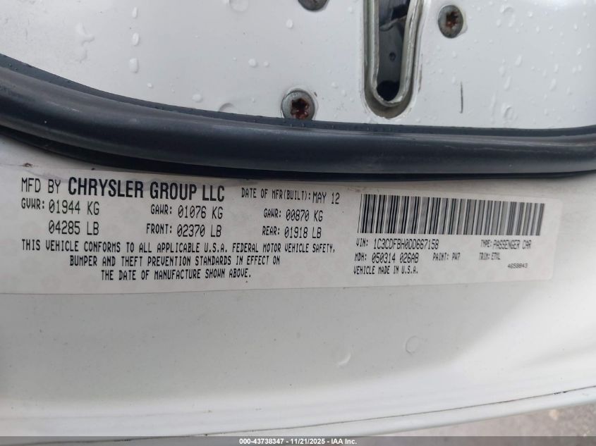 2013 Dodge Dart Sxt VIN: 1C3CDFBH0DD667158 Lot: 43738347