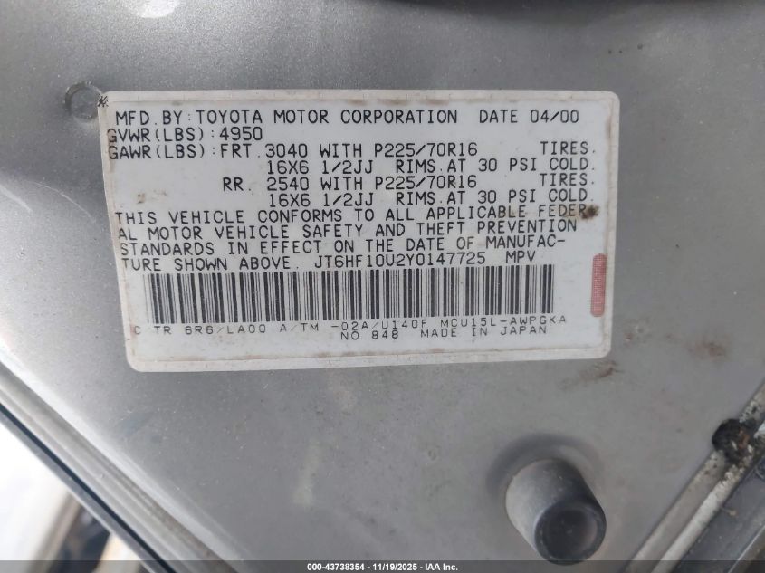 2000 Lexus Rx 300 VIN: JT6HF10U2Y0147725 Lot: 43738354