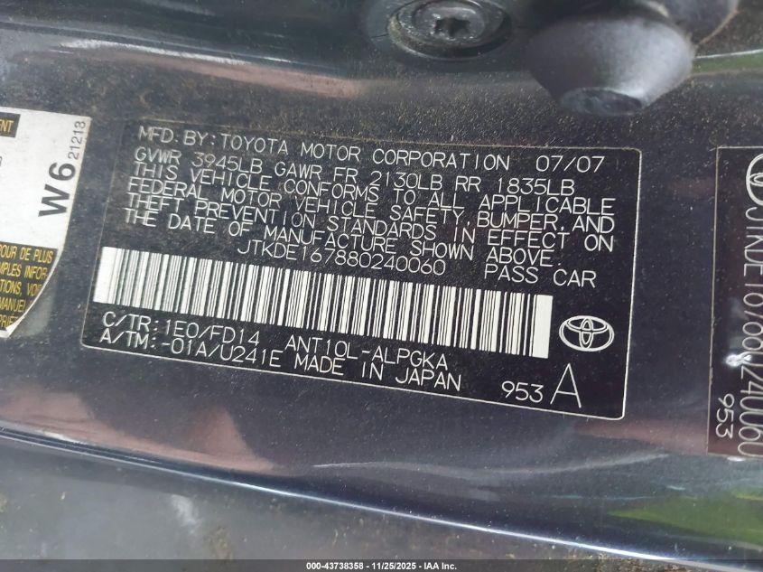 2008 Scion Tc VIN: JTKDE167880240060 Lot: 43738358