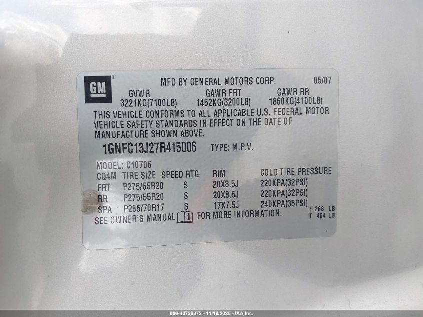 2007 Chevrolet Tahoe Ltz VIN: 1GNFC13J27R415006 Lot: 43738372