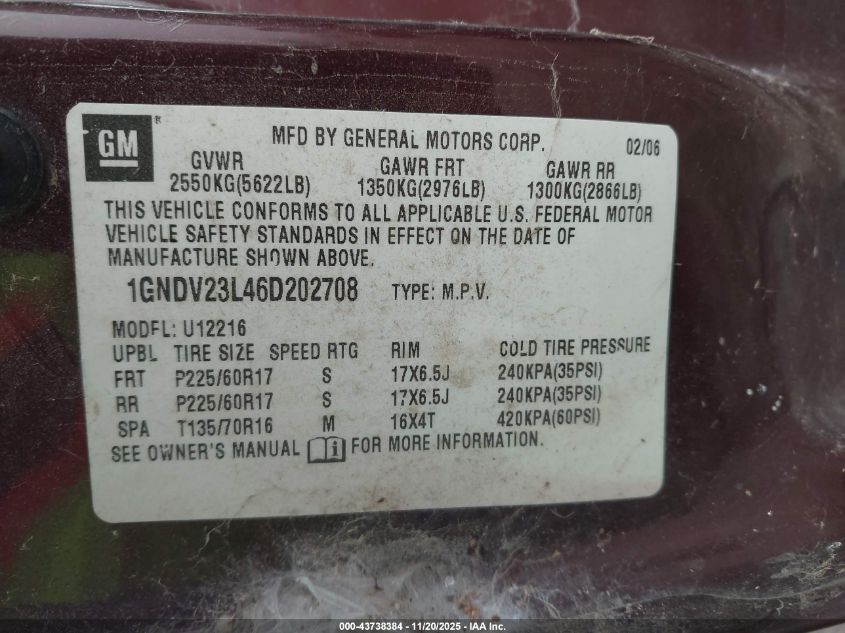 2006 Chevrolet Uplander Ls VIN: 1GNDV23L46D202708 Lot: 43738384