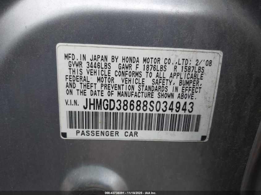 2008 Honda Fit Sport VIN: JHMGD38688S034943 Lot: 43738391