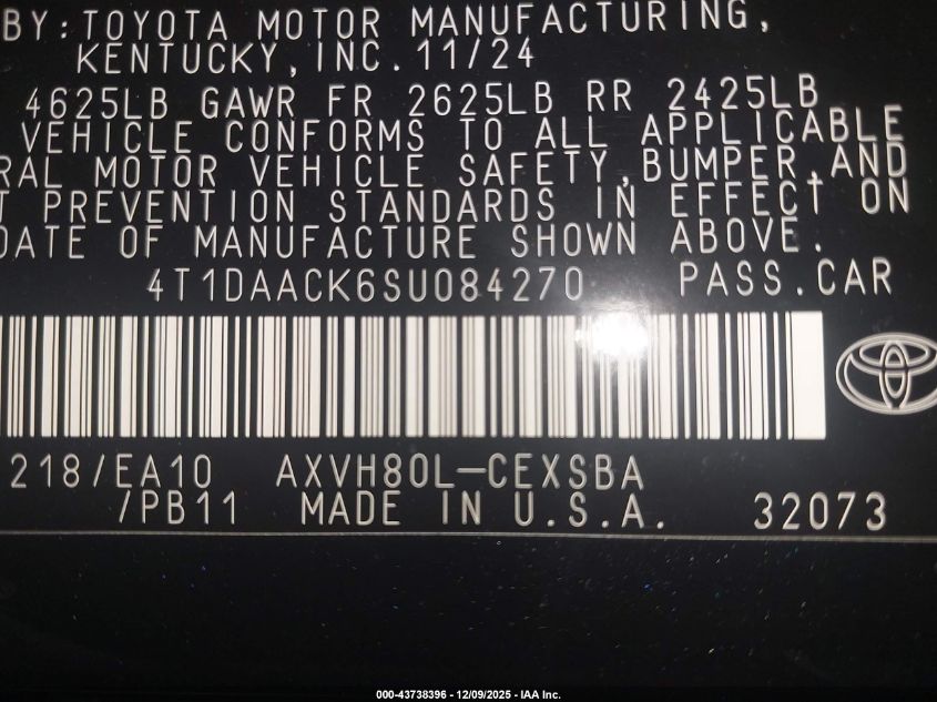 2025 Toyota Camry Se VIN: 4T1DAACK6SU084270 Lot: 43738396