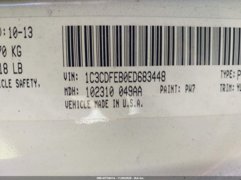 2014 Dodge Dart Gt VIN: 1C3CDFEB0ED683448 Lot: 43738414