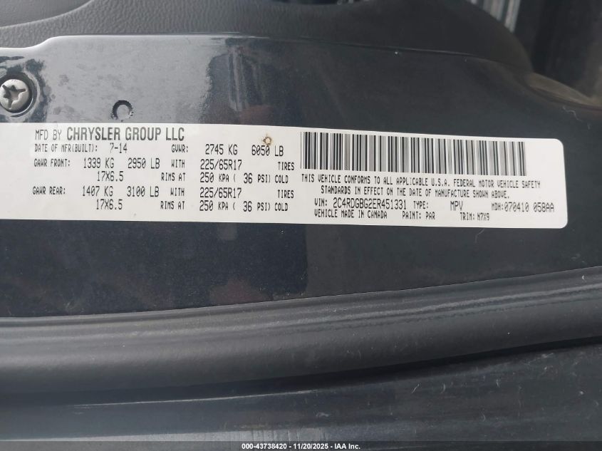 2014 Dodge Grand Caravan Se 30Th Anniversary VIN: 2C4RDGBG2ER451331 Lot: 43738420