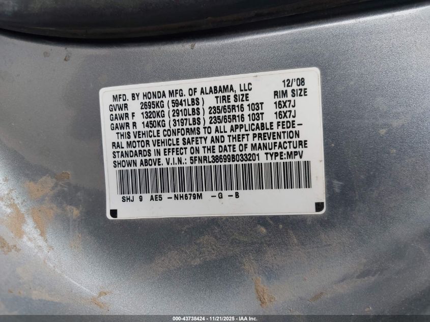 2009 Honda Odyssey Ex-L VIN: 5FNRL38699B033201 Lot: 43738424