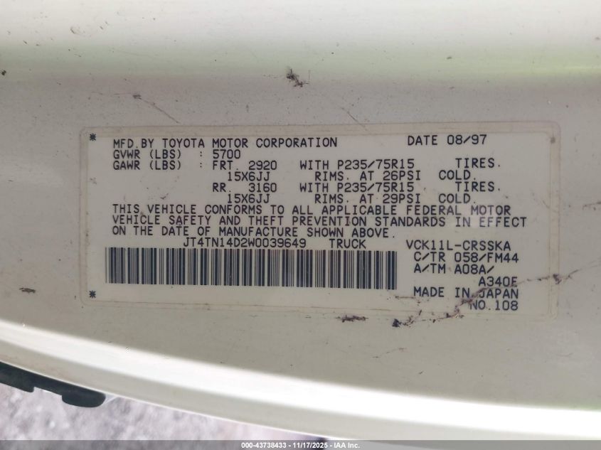 1998 Toyota T100 Sr5 V6 VIN: JT4TN14D2W0039649 Lot: 43738433