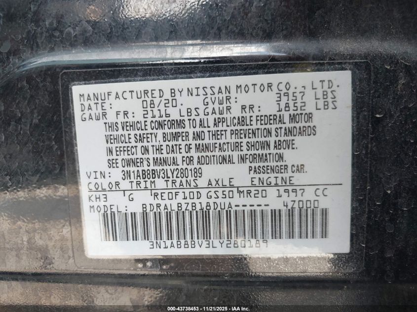 2020 Nissan Sentra S Xtronic Cvt VIN: 3N1AB8BV3LY280189 Lot: 43738453