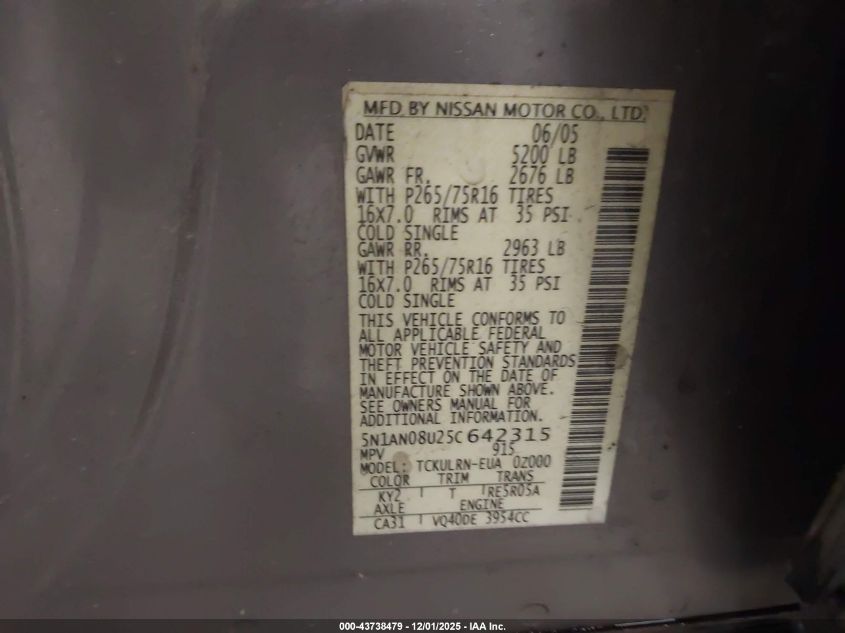 2005 Nissan Xterra Off Road VIN: 5N1AN08U25C642315 Lot: 43738479