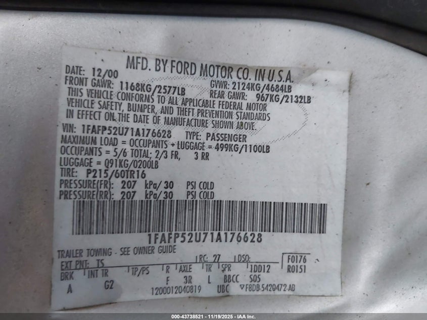 2001 Ford Taurus Lx VIN: 1FAFP52U71A176628 Lot: 43738521