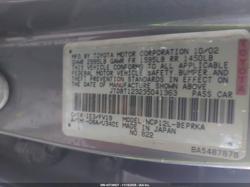 2003 Toyota Echo VIN: JTDBT123235041363 Lot: 43738527