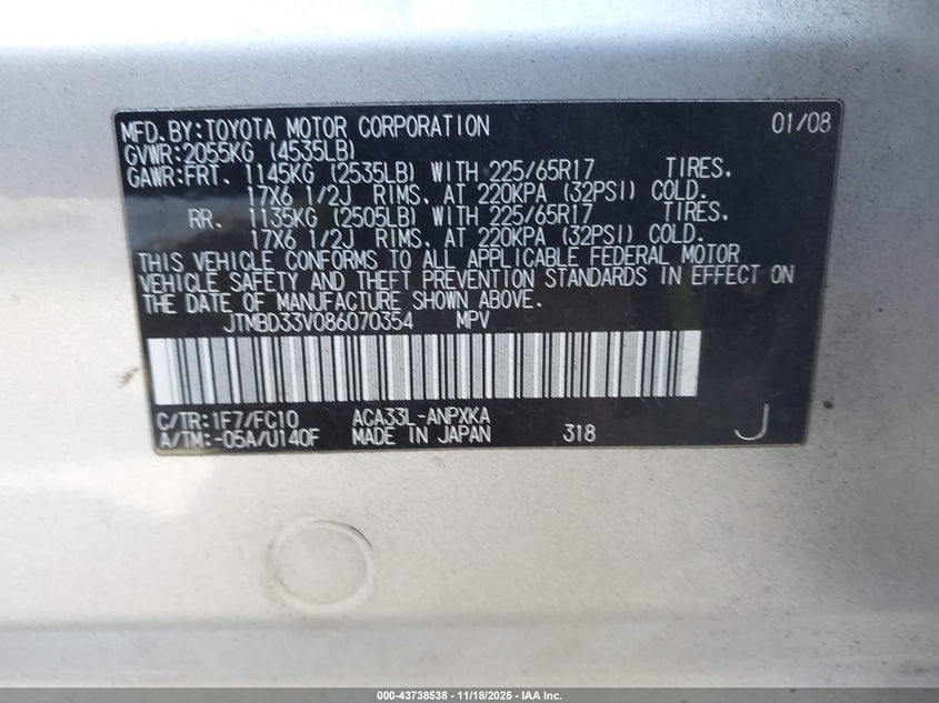 2008 Toyota Rav4 VIN: JTMBD33V086070354 Lot: 43738538