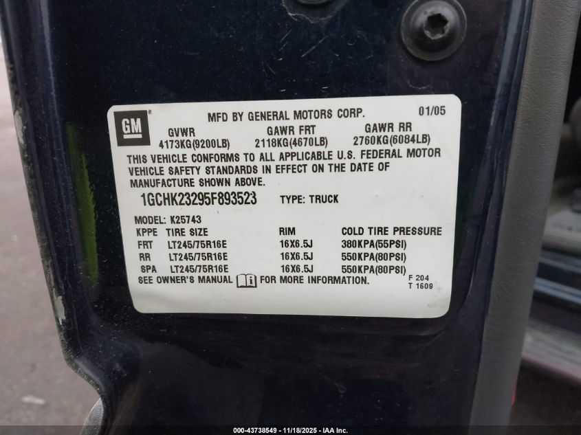 2005 Chevrolet Silverado 2500Hd Ls VIN: 1GCHK23295F893523 Lot: 43738549