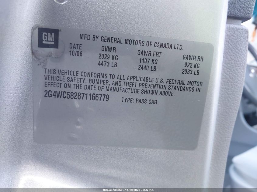 2007 Buick Lacrosse Cx VIN: 2G4WC582871166779 Lot: 43738550