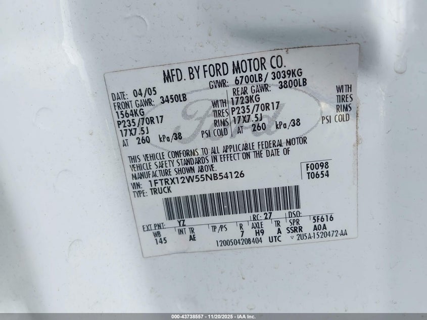 2005 Ford F-150 Stx/Xl/Xlt VIN: 1FTRX12W55NB54126 Lot: 43738557