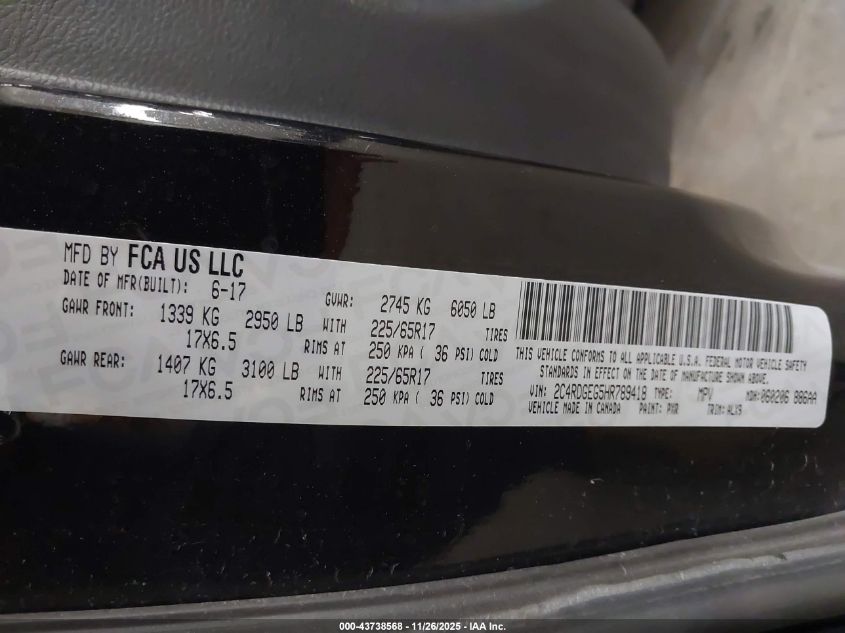 2017 Dodge Grand Caravan Gt VIN: 2C4RDGEG5HR789418 Lot: 43738568